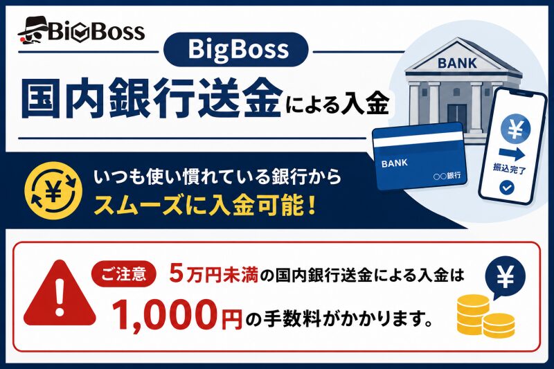 BigBoss. 5万円未満の国内銀行送金による入金は1,000円の手数料がかかる