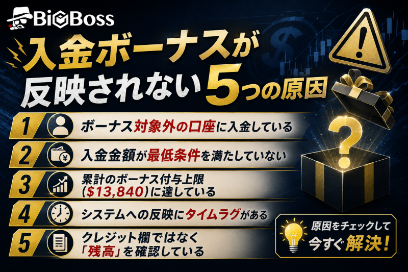bigbossの入金ボーナスが反映されない時のチェック項目