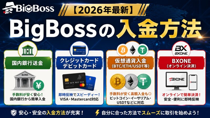 【2026年最新】BigBossの入金方法・手数料・反映時間一覧表
