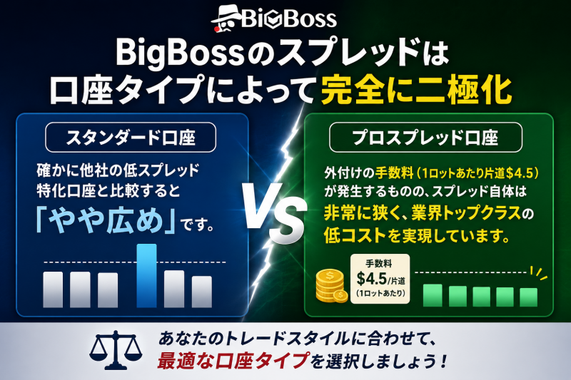 Bigbossのスプレッドはスタンダード口座かプロスプレッド口座かで大きく異なる