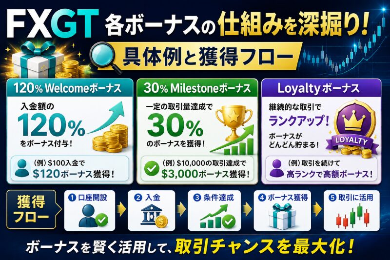 FXGTの各ボーナスの仕組みを深掘り！具体例と獲得フロー