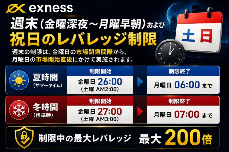 Exness週末（金曜深夜〜月曜早朝）および祝日のレバレッジ制限