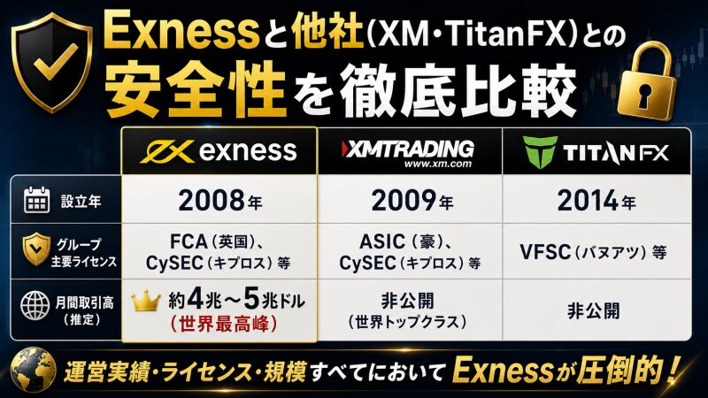 Exnessと他社(XM・TitanFX)との安全性を徹底比較