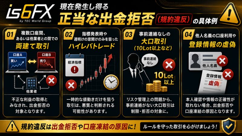 is6FXで現在発生し得る「正当な出金拒否（規約違反）」の具体例