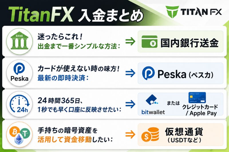 TitanFX入金まとめ:自分に合った入金方法を選んで取引を始めよう!