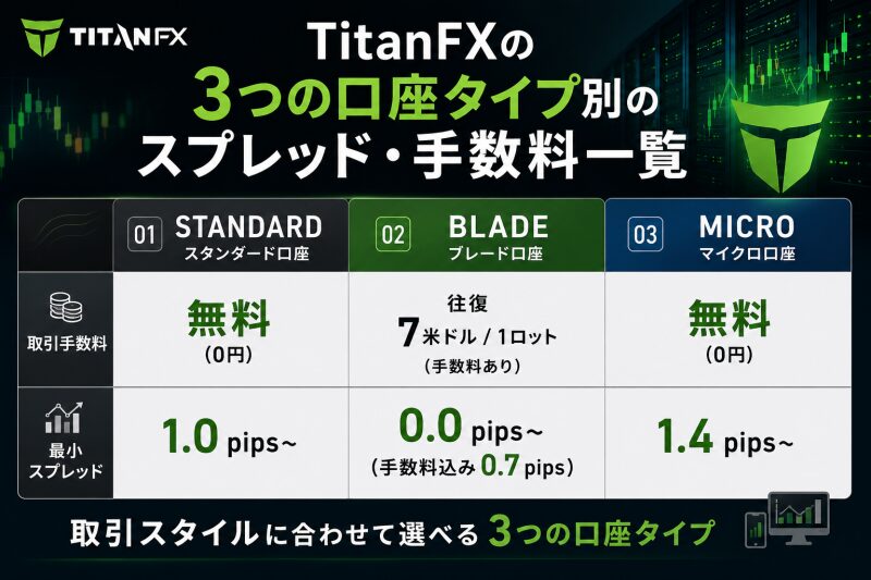 TitanFXの3つの口座タイプ別のスプレッド・手数料一覧